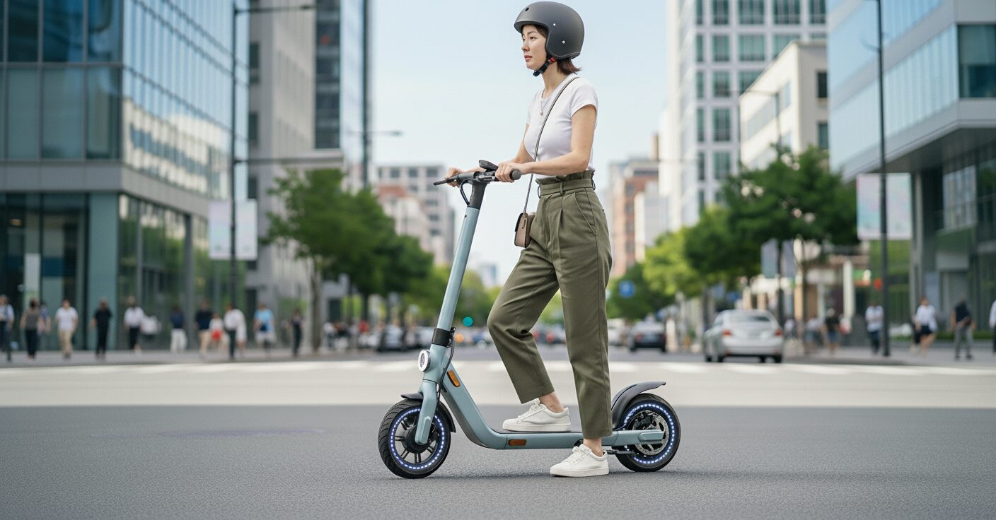 電動キックボードに乗ろうとしている女性