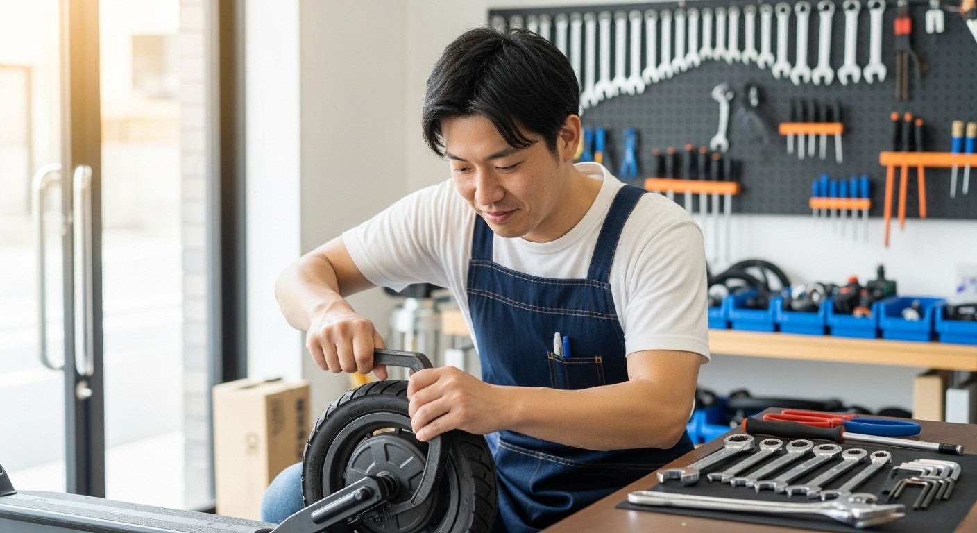 電動キックボードを修理している男性