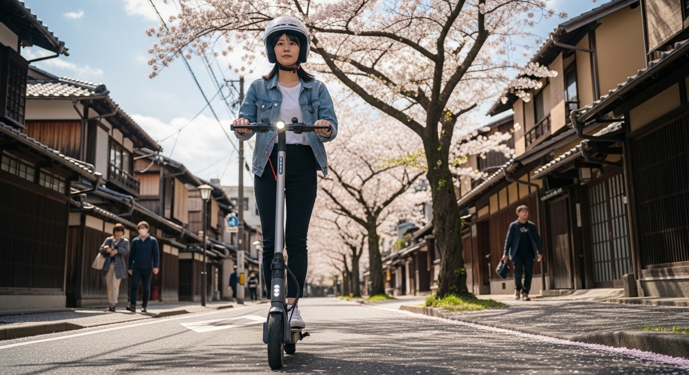 電動キックボードに乗って坂道を走っている女性。