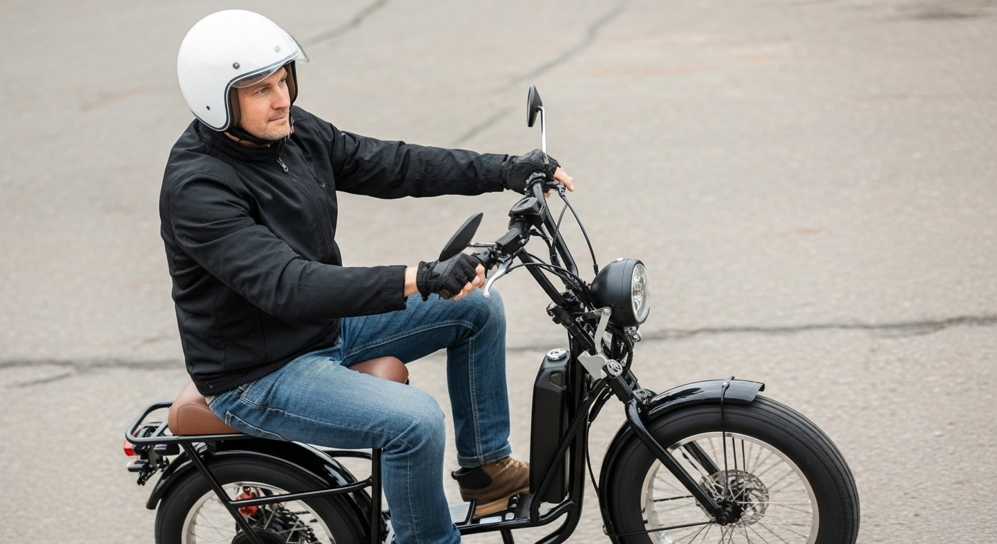 バイク型の特定小型原付に乗っている男性
