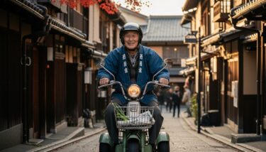 高齢者が3輪タイプの特定原付に乗っている