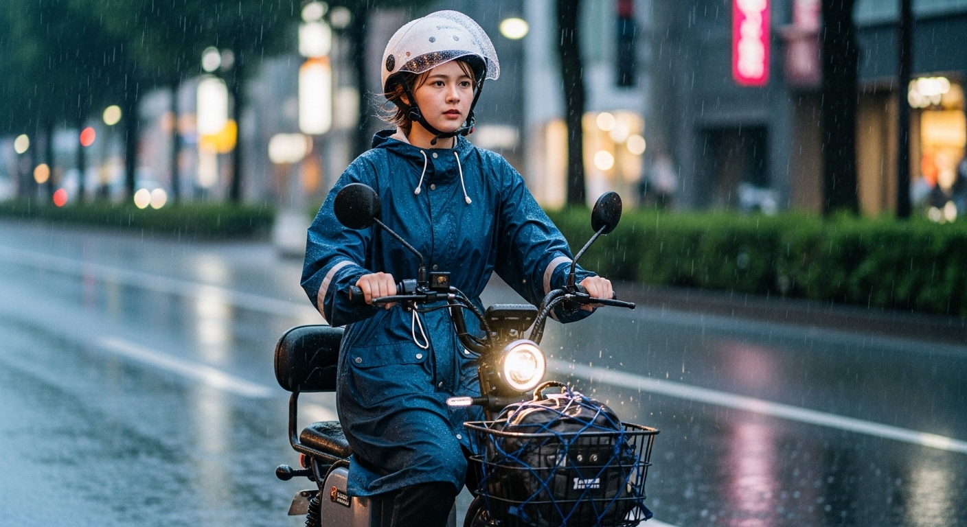 雨の中でサドル付きの特定原付に乗っている女性