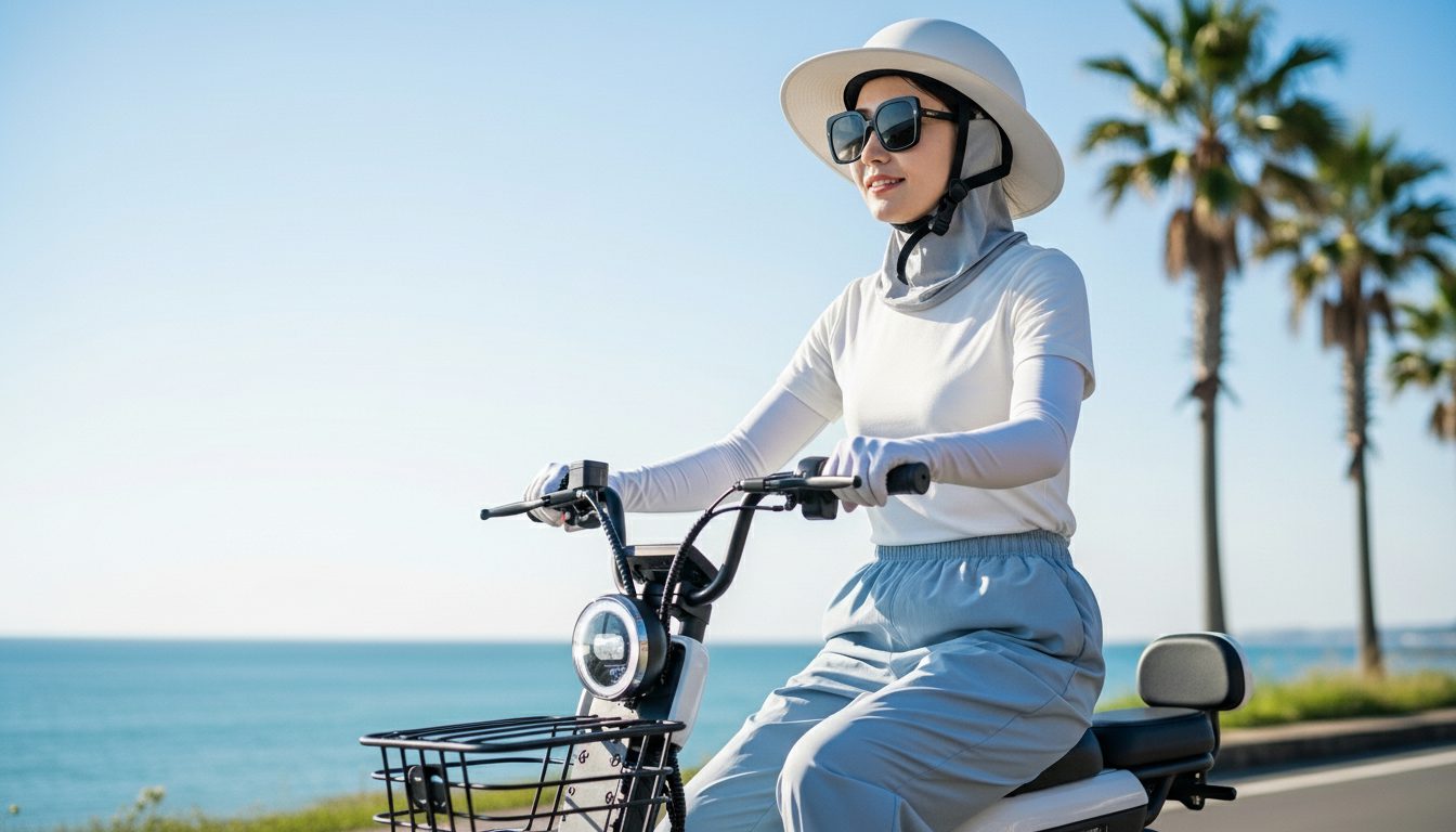 夏に日焼け対策をして電動キックボードに乗っている