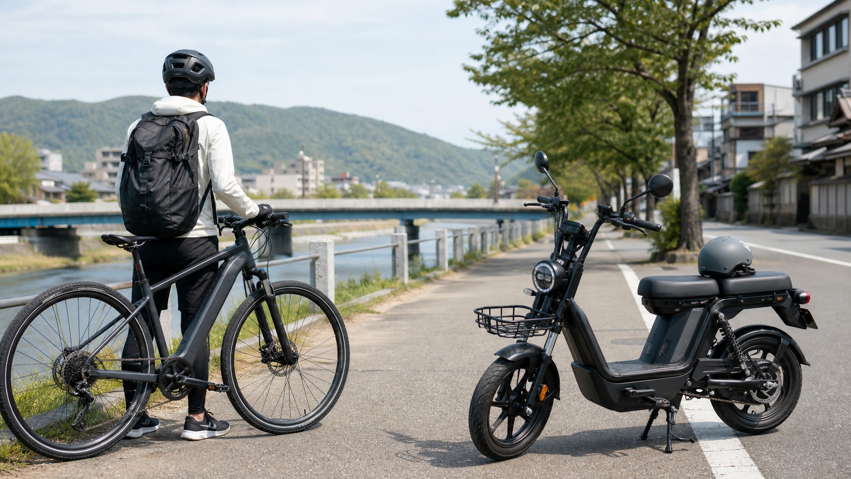 e-bikeとモペットの選び方をイメージした街乗りシーン