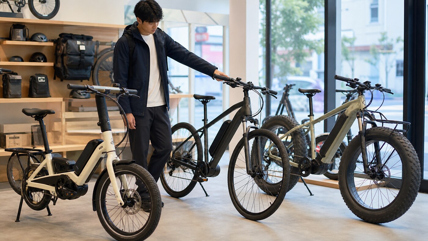 専門店で複数タイプのE-BIKEを比較する様子