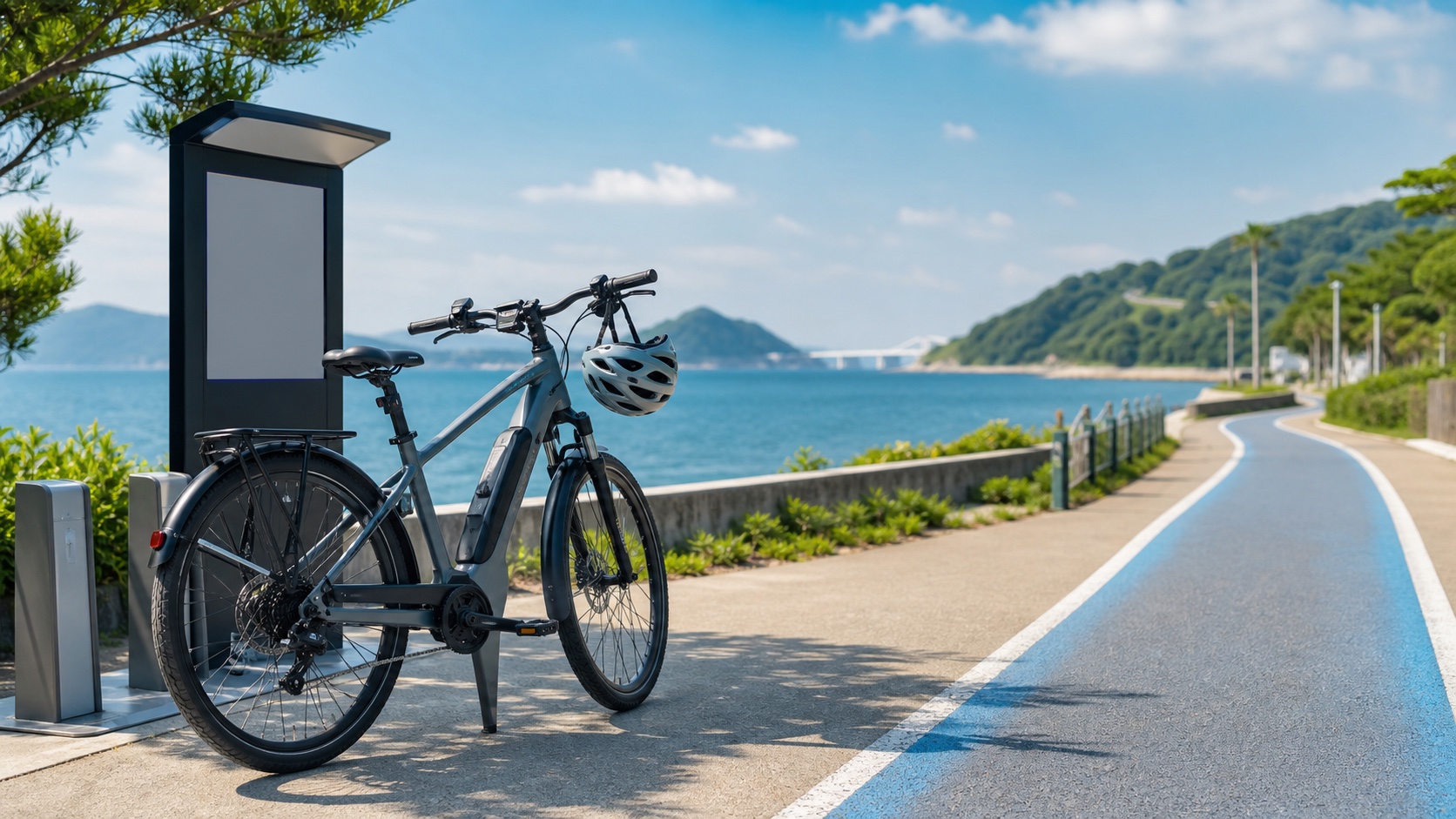 海沿いのサイクリングルートに停めたレンタルE-BIKE