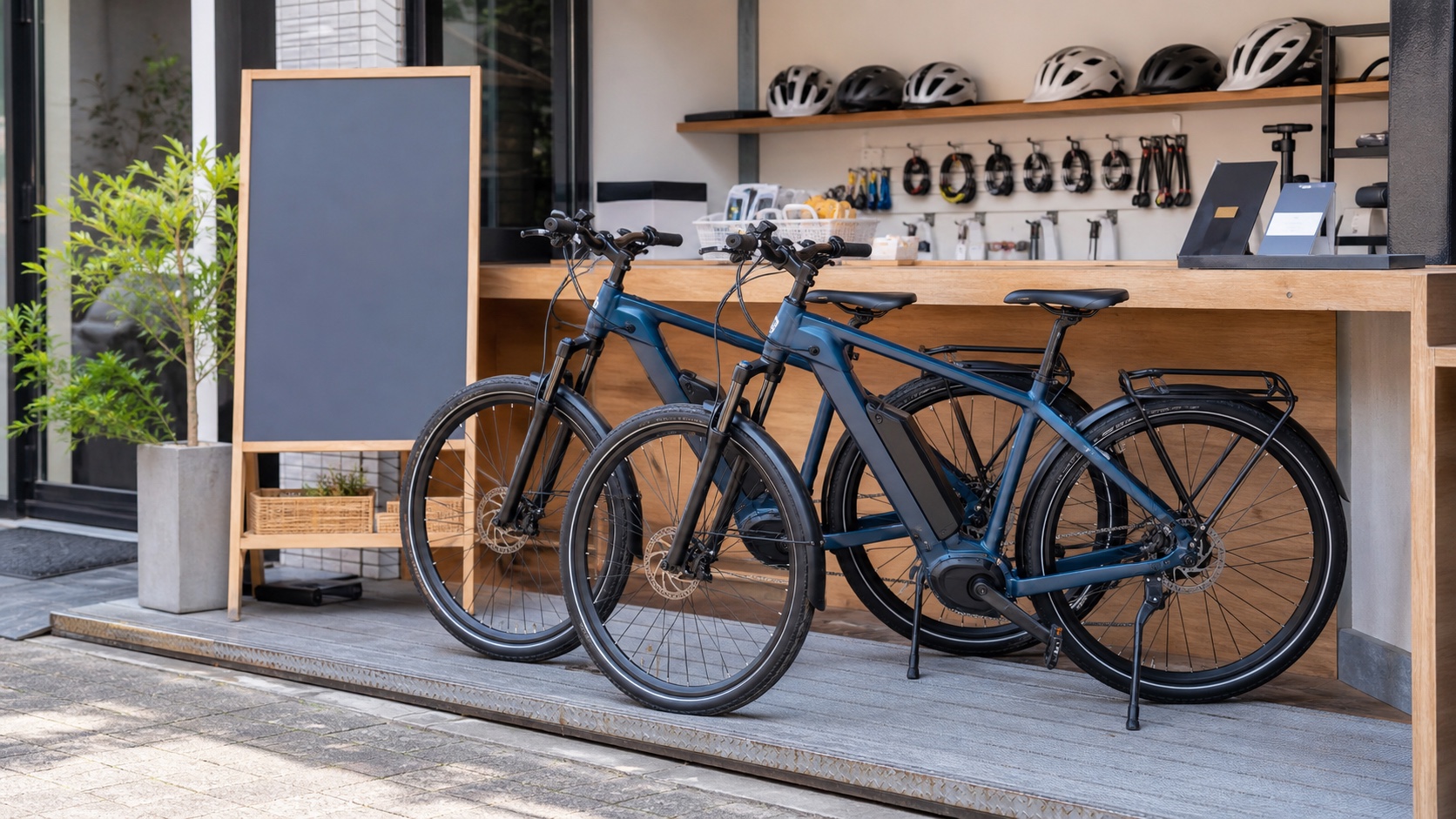 E-BIKEレンタルショップで並ぶ電動アシスト自転車とヘルメット