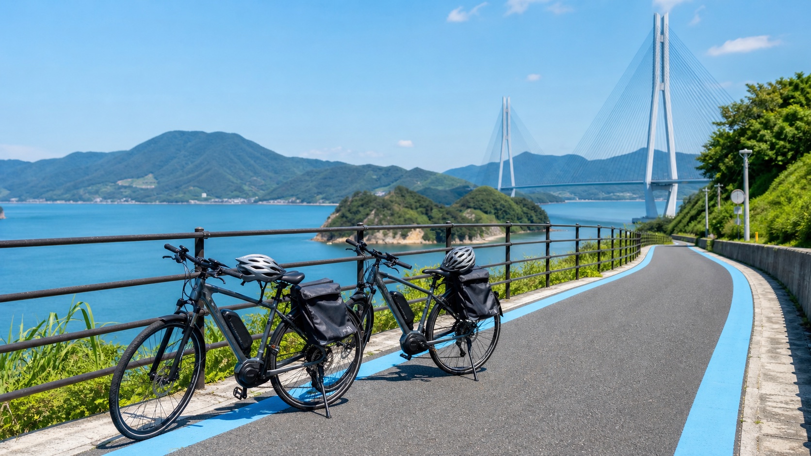 しまなみ海道の海沿いルートで休憩するレンタルE-BIKE