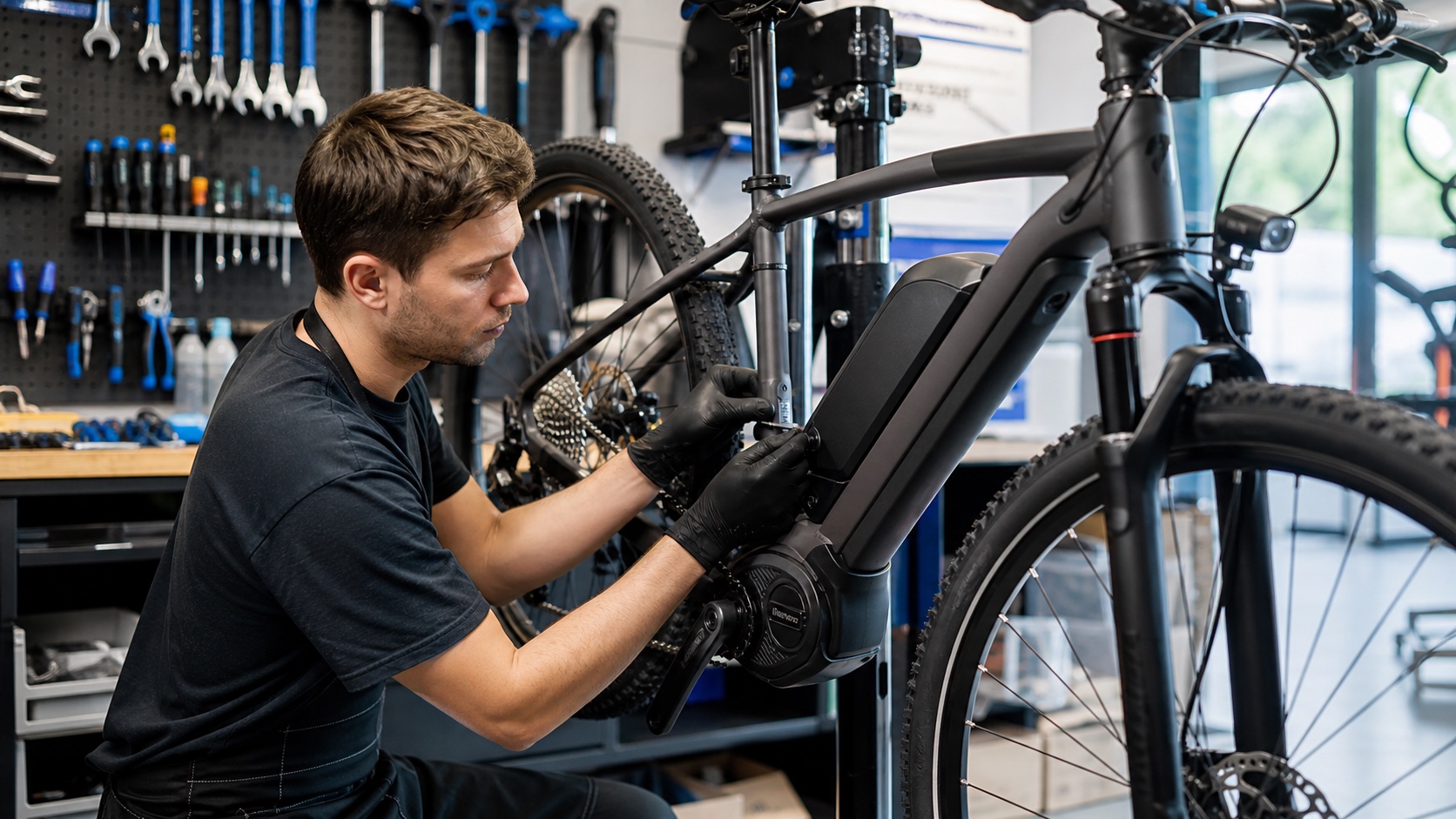 E-BIKE専門店の整備スペースでバッテリーやブレーキを点検する整備士
