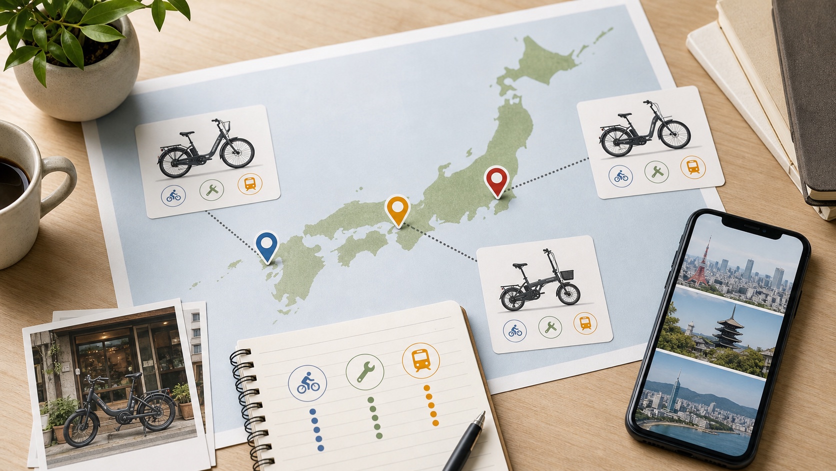 東京・大阪・福岡など全国のE-BIKE専門店を地図で比較するイメージ
