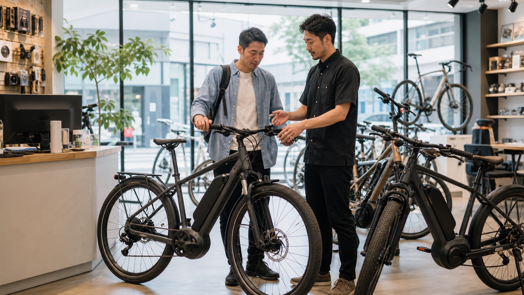 E-BIKE専門店でスタッフに相談しながら電動自転車を選ぶ来店客