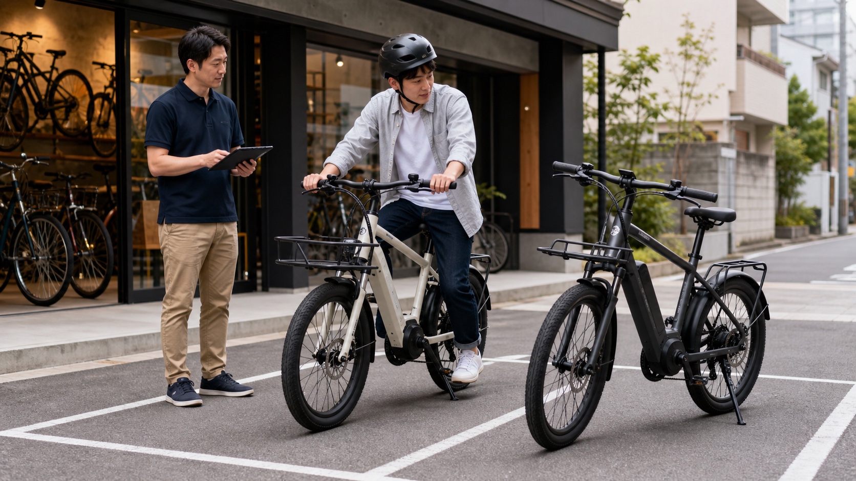 E-BIKE専門店の前で複数モデルを試乗比較する利用者とスタッフ