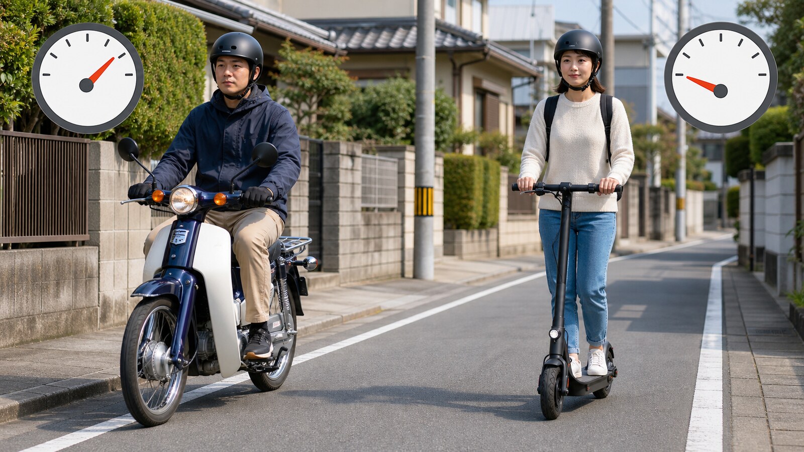 一般原付と特定原付が道路左側を走る違いを示した比較イメージ