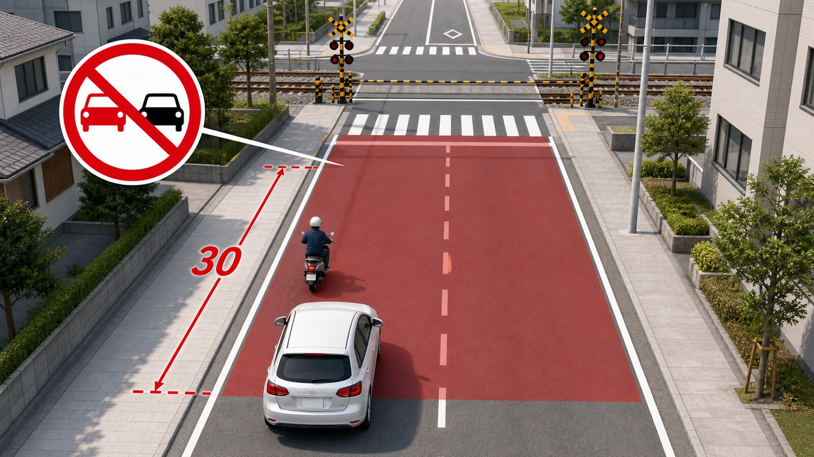 交差点や横断歩道の手前30mで追い越しが禁止される道路の図解
