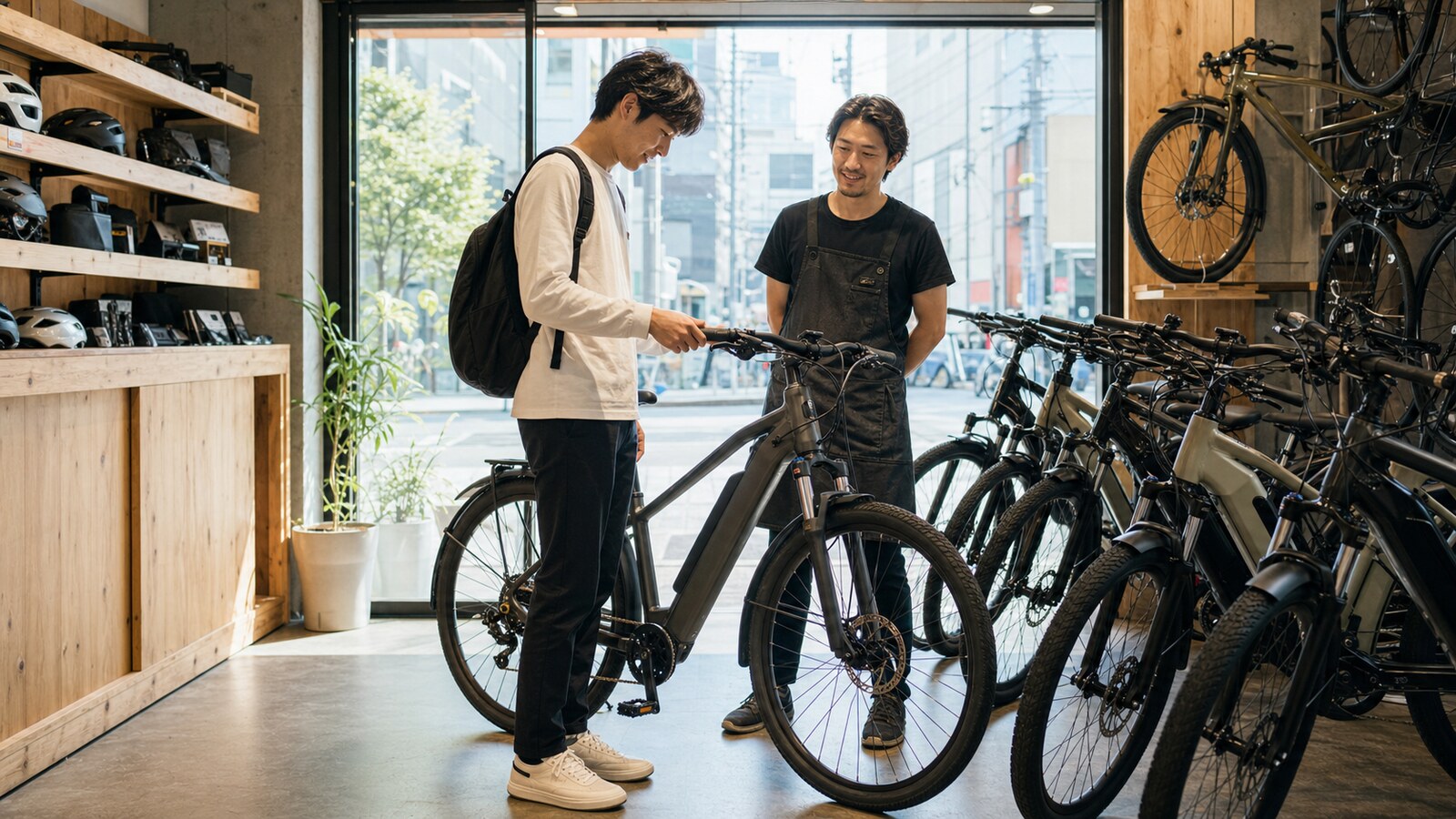 大阪のE-BIKE専門店で車体を比較する様子