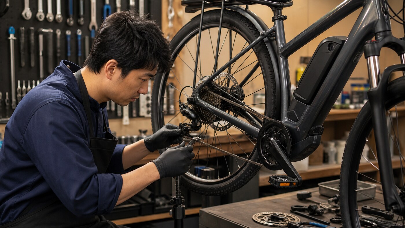 大阪の店舗前でE-BIKEを試乗する様子