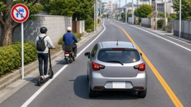 追い越し禁止の道路で車が特定原付と原付を安全に追従する様子
