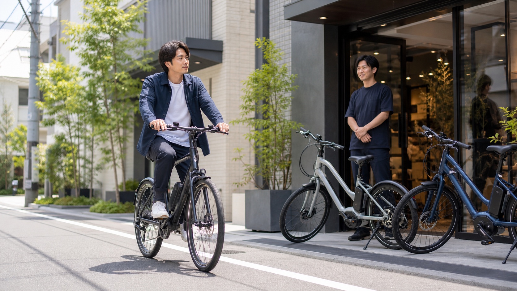 東京の街並みを背景にe-bikeで店舗エリアを巡るイメージ