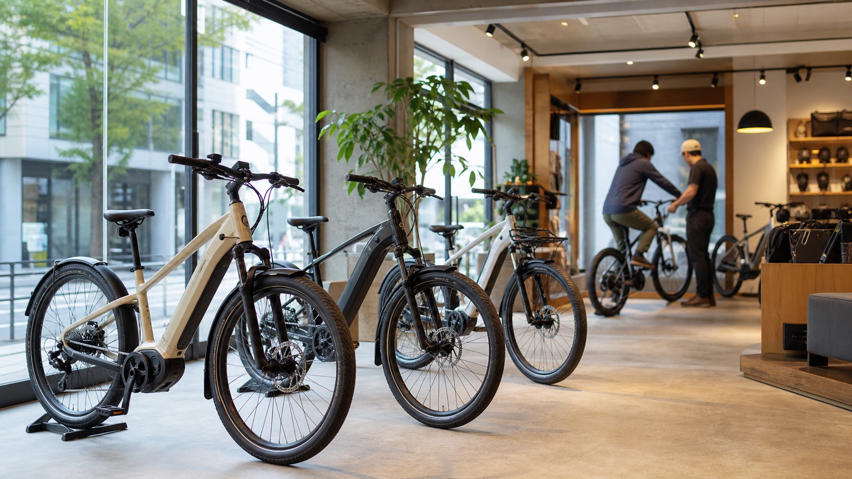 東京のe-bike専門店で試乗して乗り心地を比較する様子
