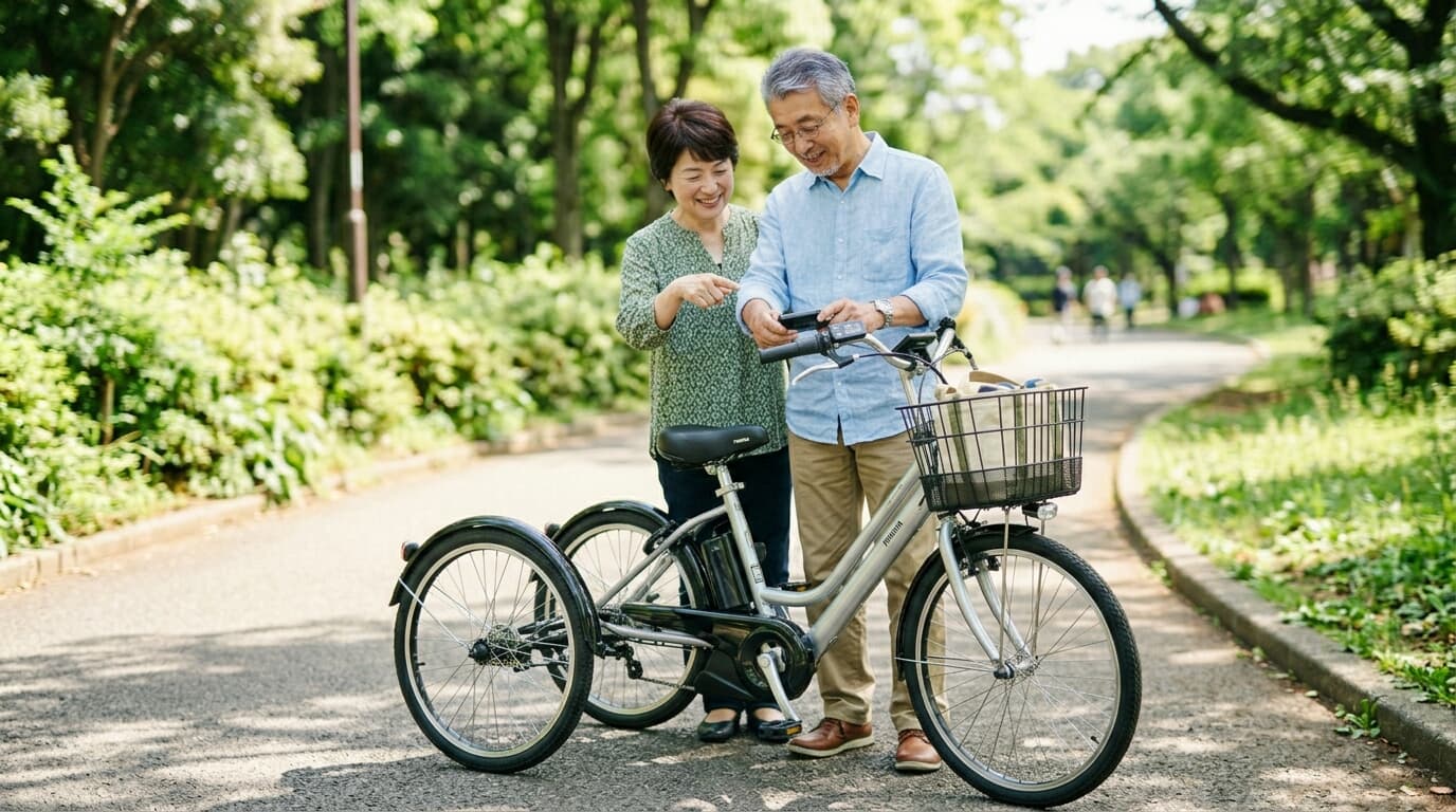電動アシスト自転車のそばで相談する夫婦のイメージ