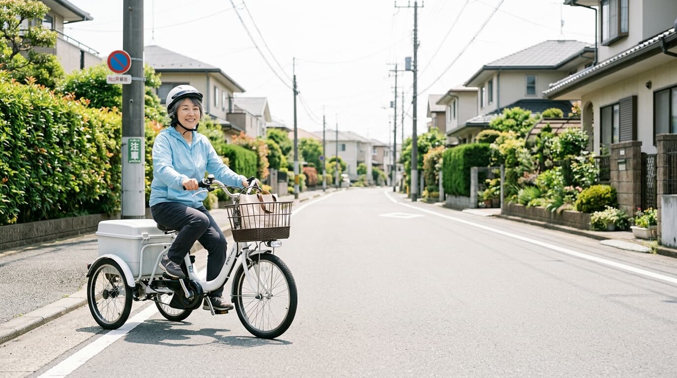 日本の道路を走る電動アシスト自転車のイメージ