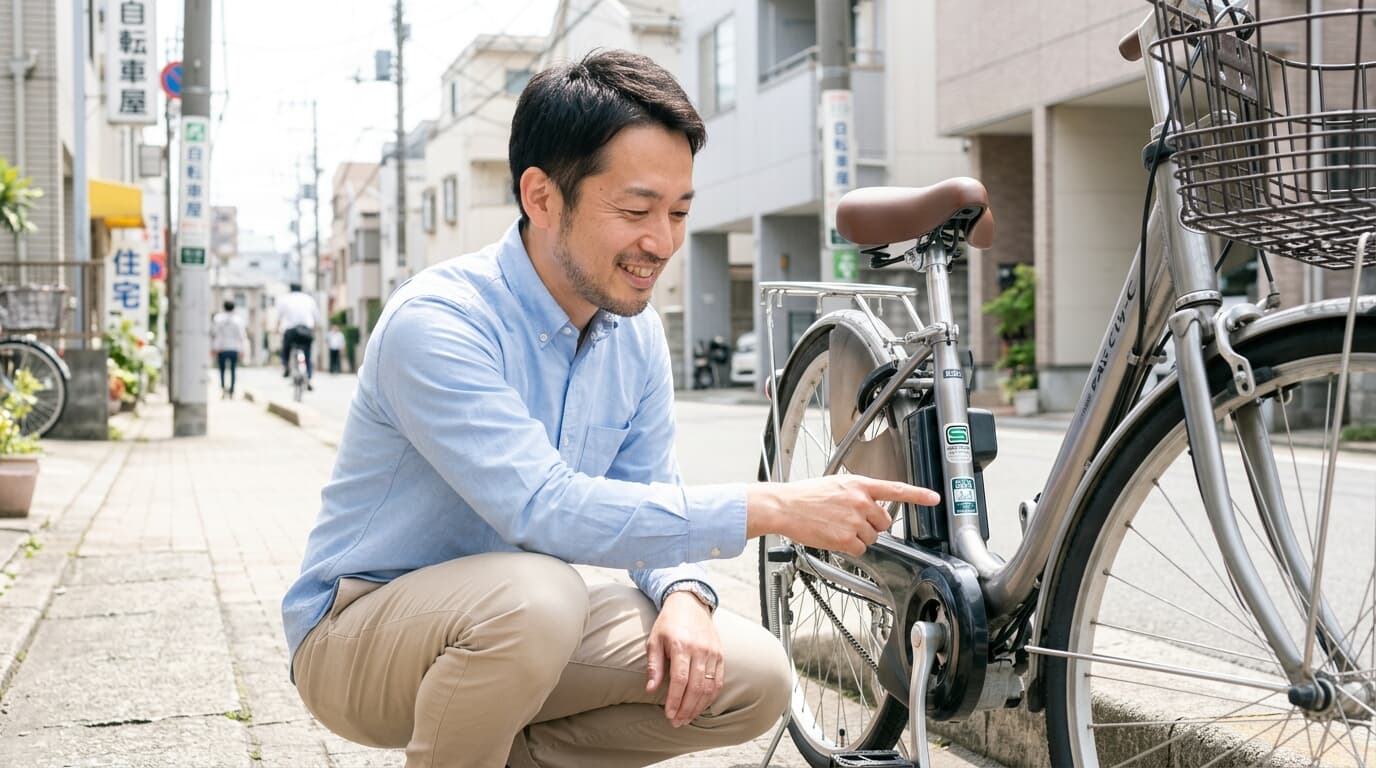 電動アシスト自転車の型式表示を確認する様子