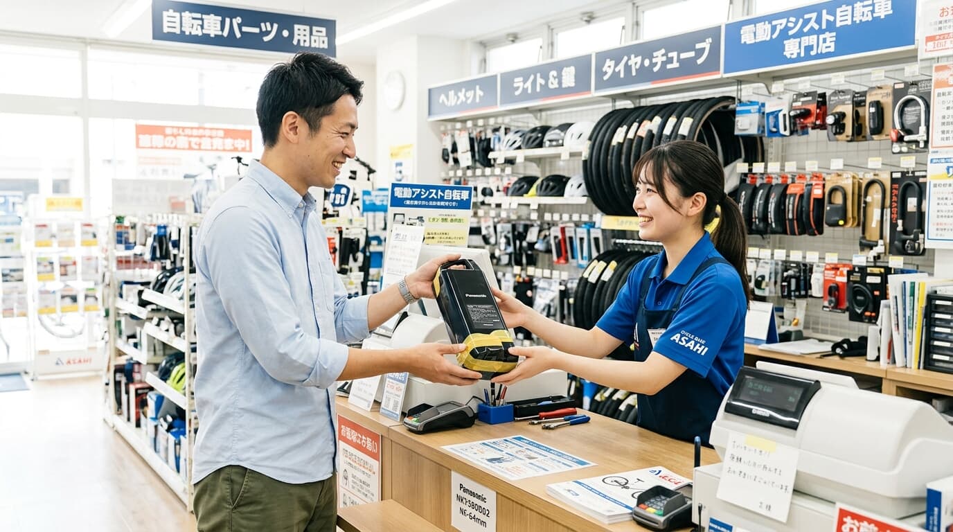 電動アシスト自転車のバッテリーを回収先へ渡す様子