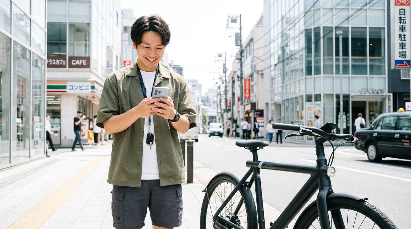 スマートフォンでシェアサイクルを操作する利用者