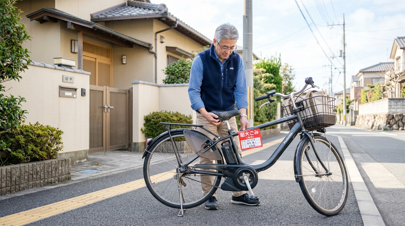 電動アシスト自転車を処分する前に手順を確認する様子