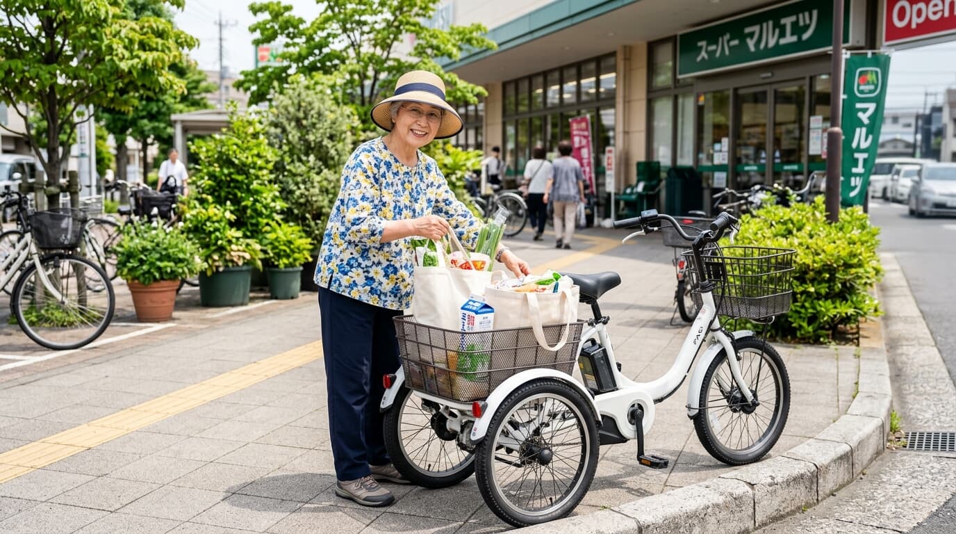電動アシスト自転車の後部バスケットに買い物袋を載せるイメージ