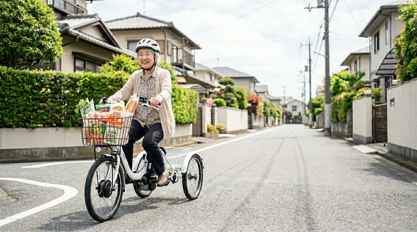 買い物帰りの女性が電動アシスト三輪自転車を利用するイメージ
