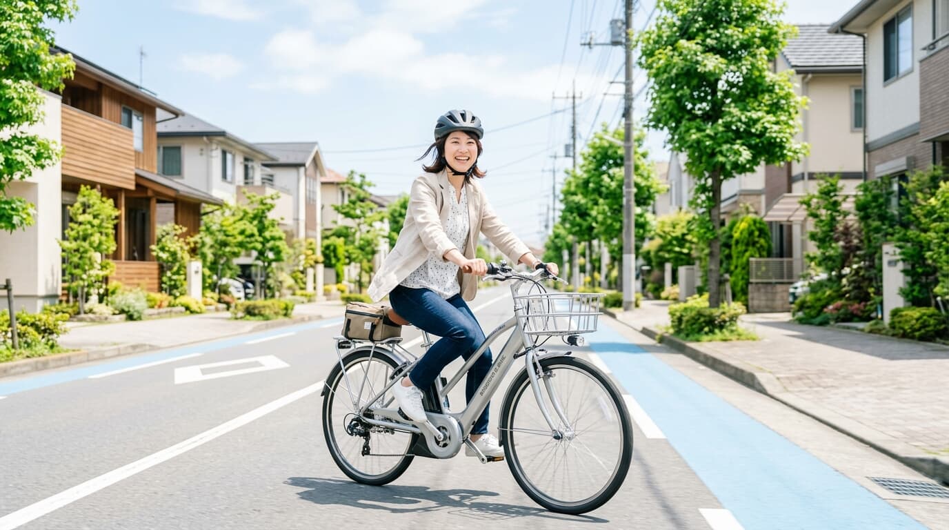 電動アシスト自転車で街を走る人