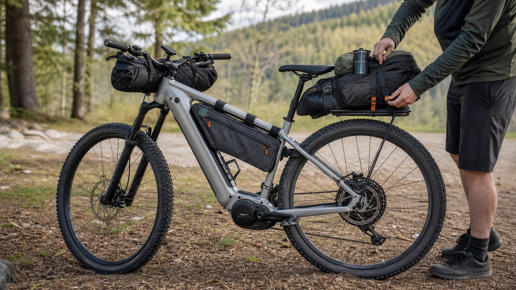 バイクパッキング用バッグを装着したE-BIKEの積載例