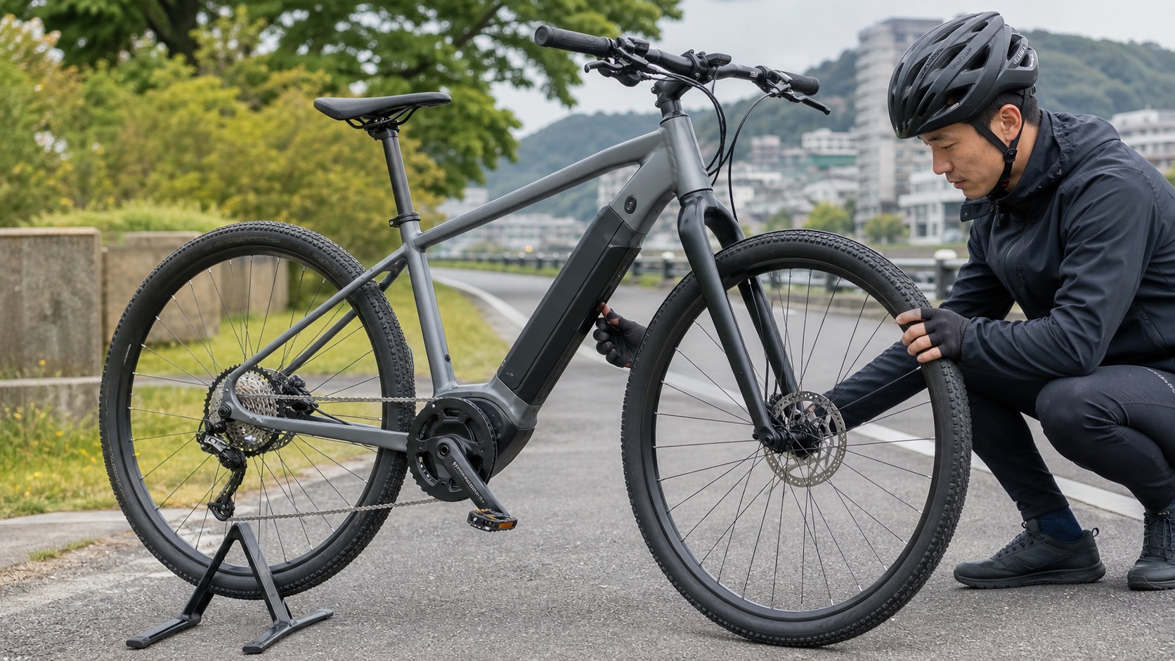 e-bikeクロスバイクのバッテリーやブレーキを確認する様子