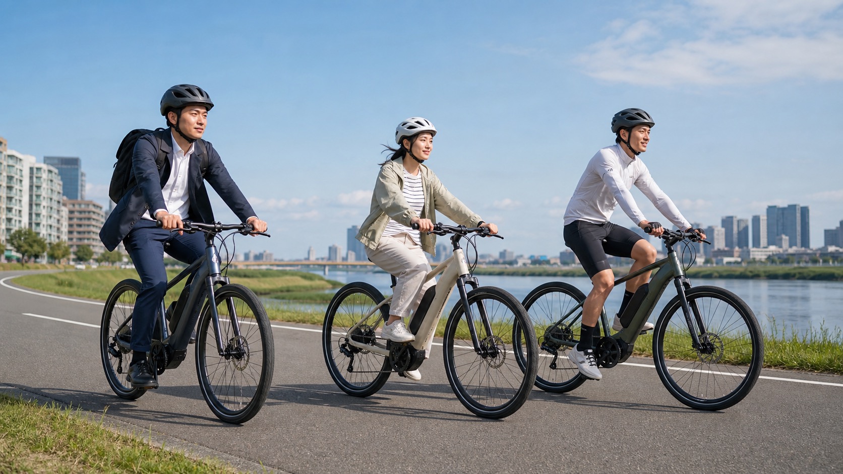 通勤と街乗りと週末ライドでe-bikeクロスバイクに乗る三人