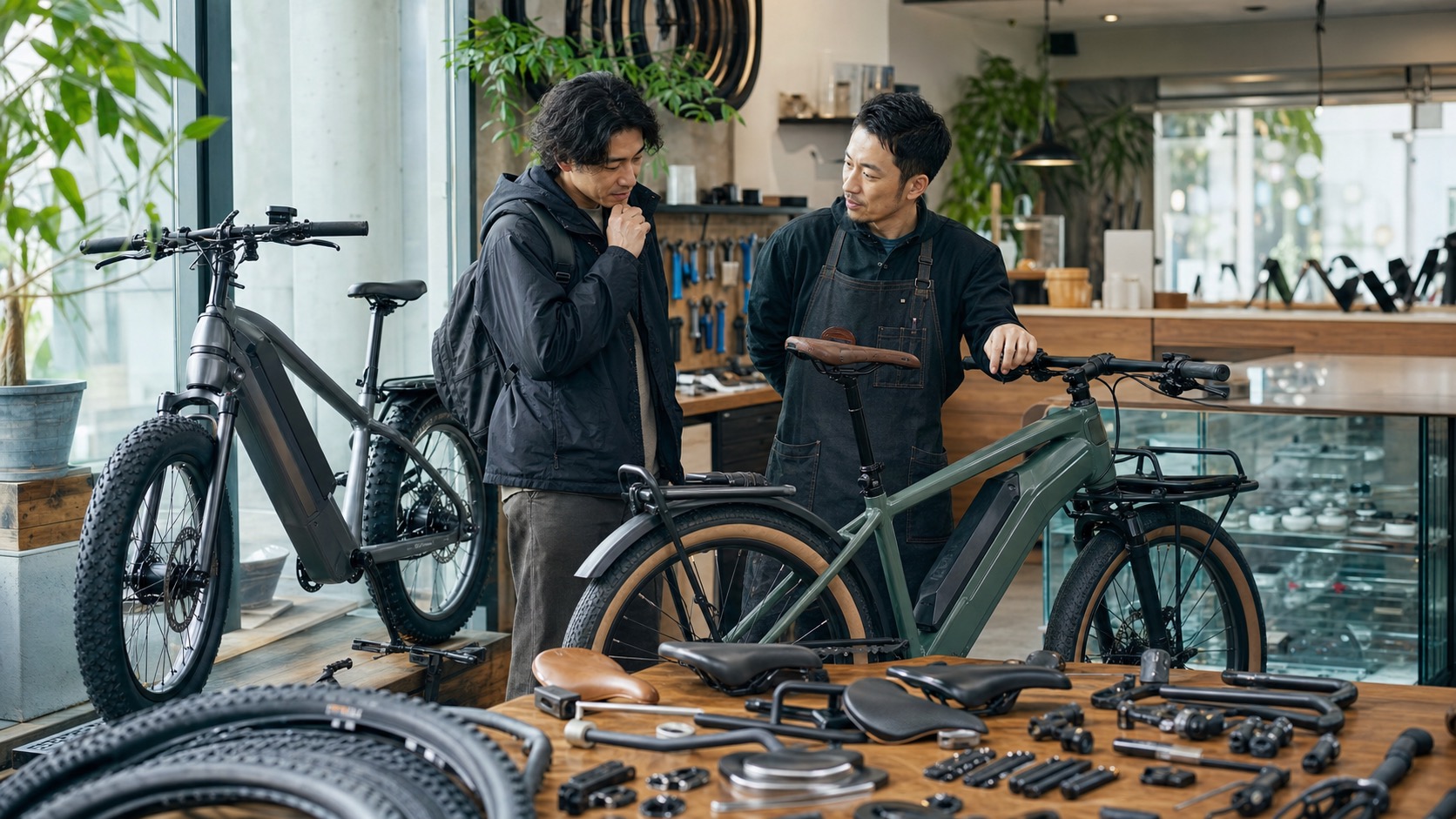 E-BIKEカスタムショップでスタッフと相談するイメージ