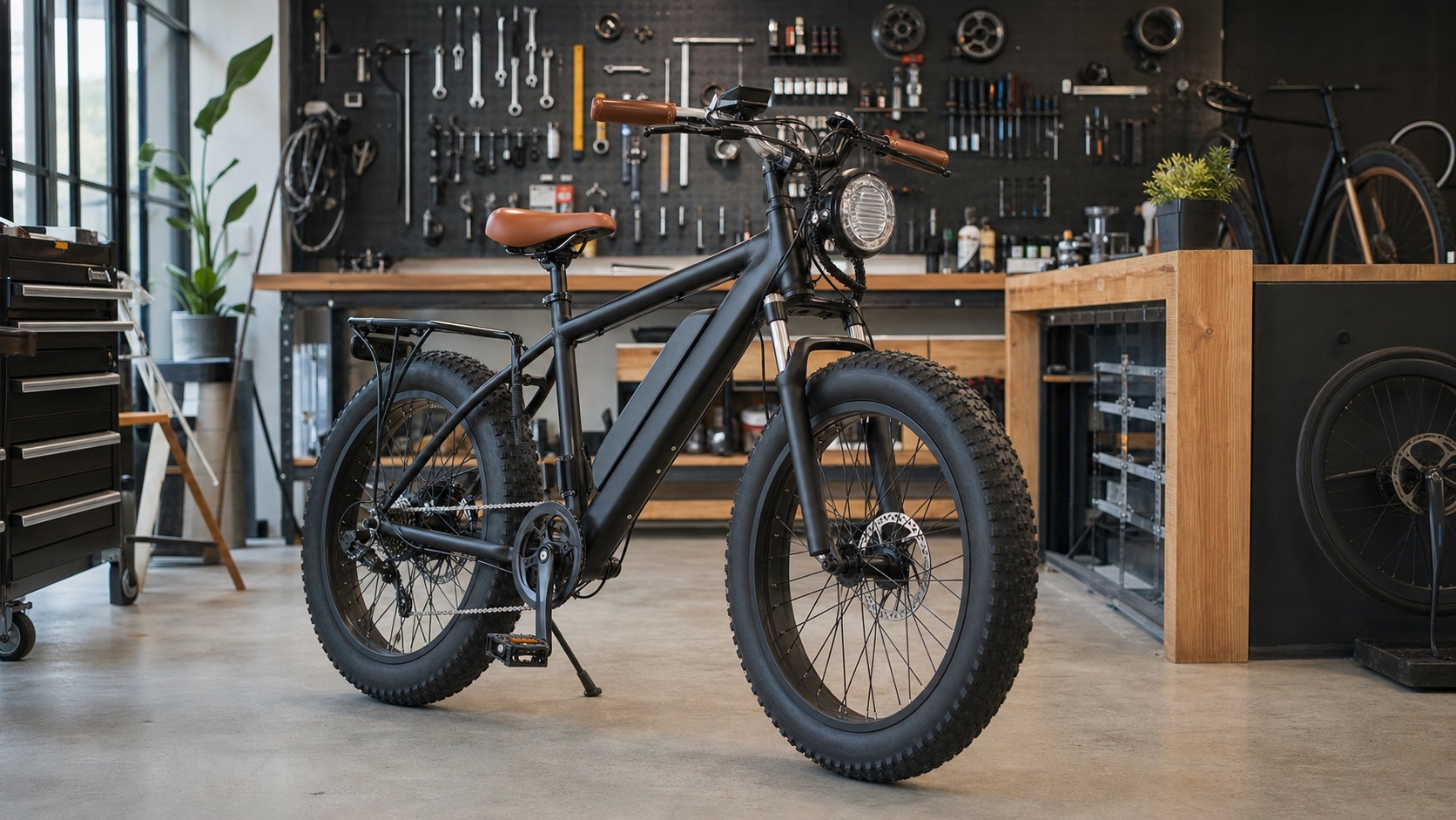 カスタムパーツを装着したE-BIKEが並ぶショップのイメージ