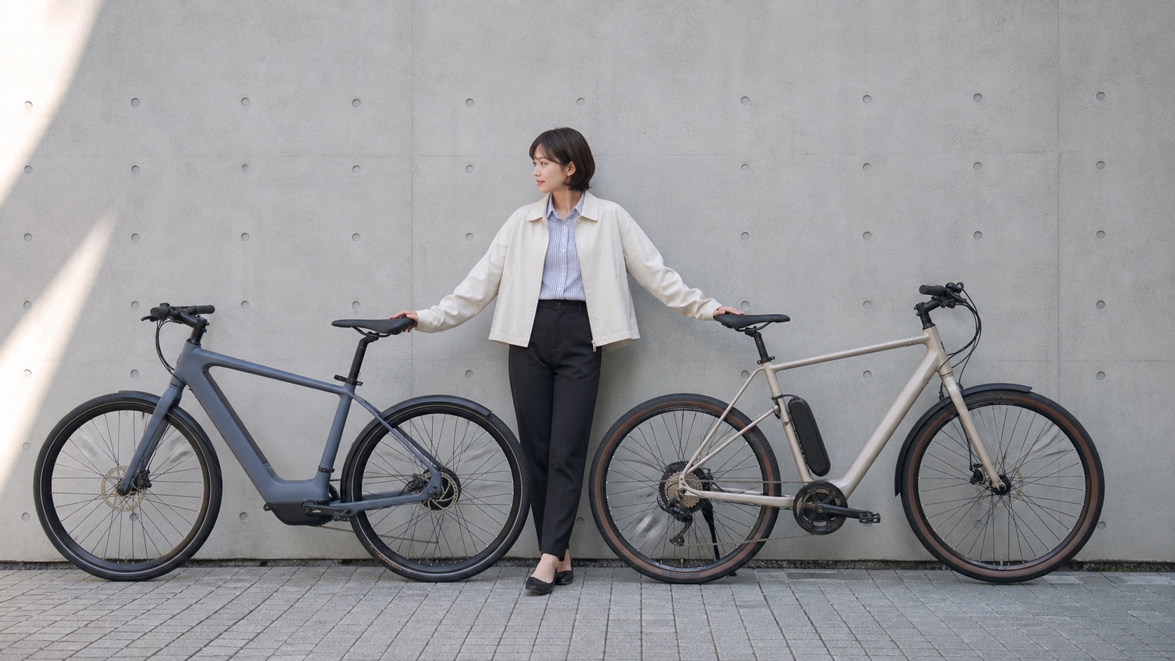 おしゃれなe-bikeのデザインを比較する日本人女性