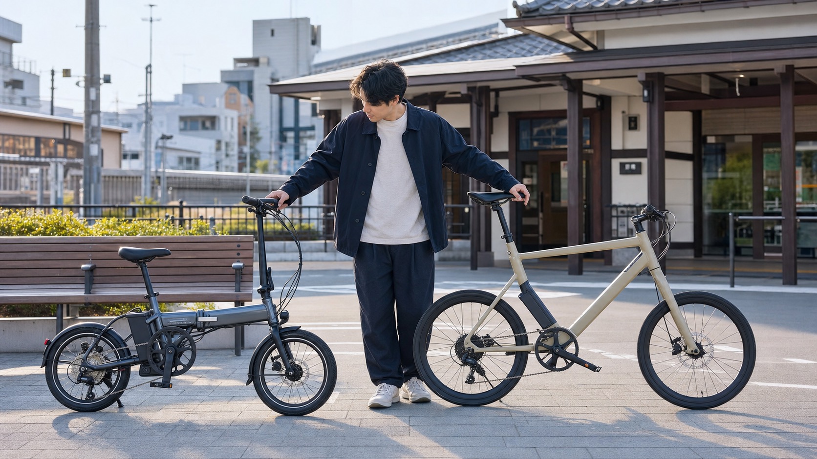 折りたたみ型とスポーツ型のe-bikeミニベロを比較するイメージ
