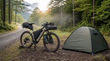 キャンプ道具を積んだE-BIKEとソロテントのキャンプ風景