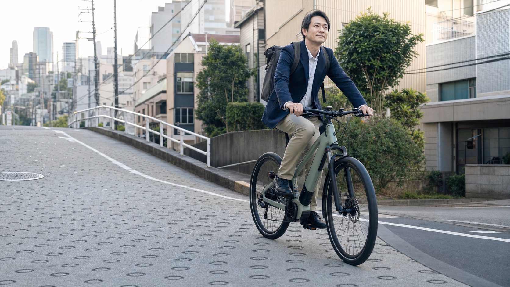 坂道の街中を快適に走るe-bike通勤のイメージ