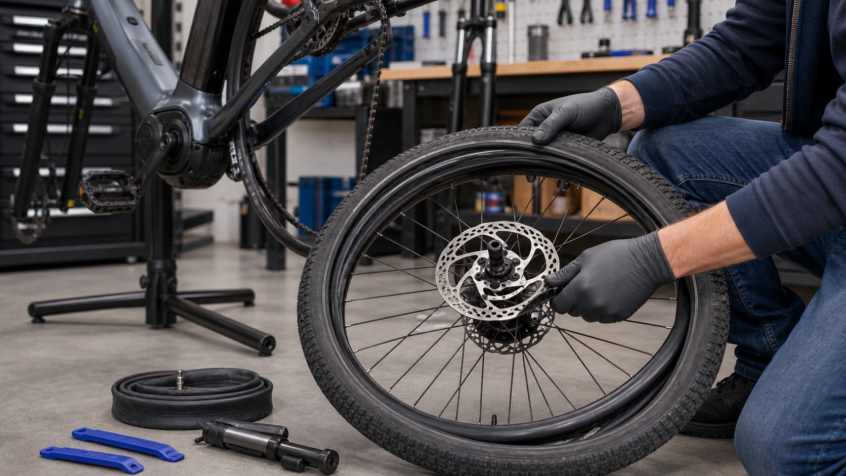 DIYでe-bikeのタイヤ交換を進める作業風景