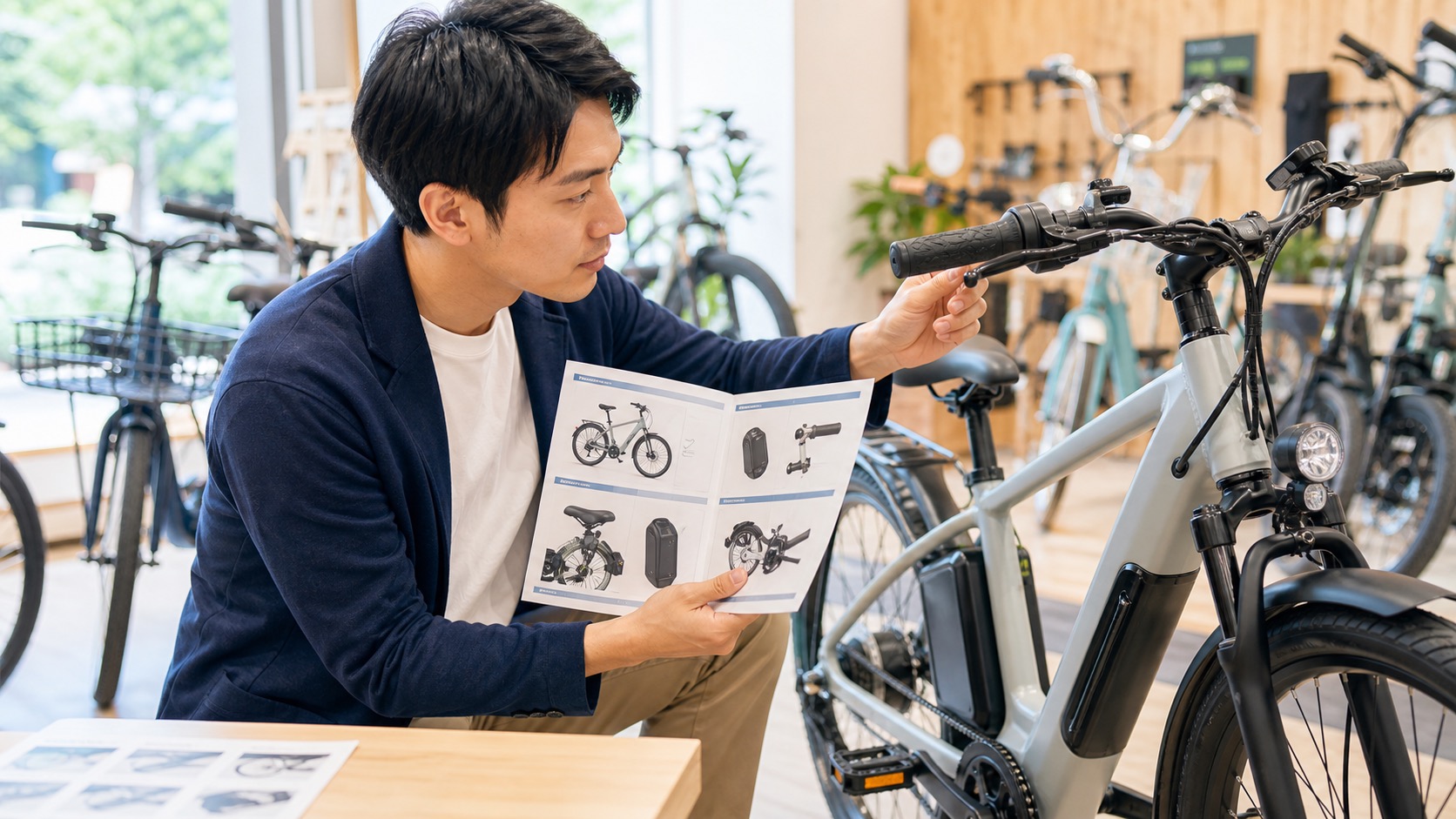 E-BIKEの仕様書と車体を確認してナンバープレート要否を判断しているイメージ