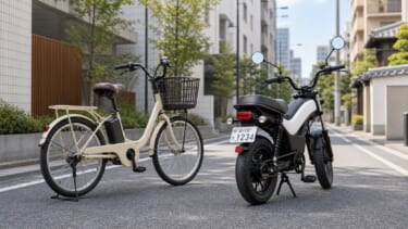 E-BIKEのナンバープレート要否を示す電動アシスト自転車とペダル付き電動バイクの比較画像