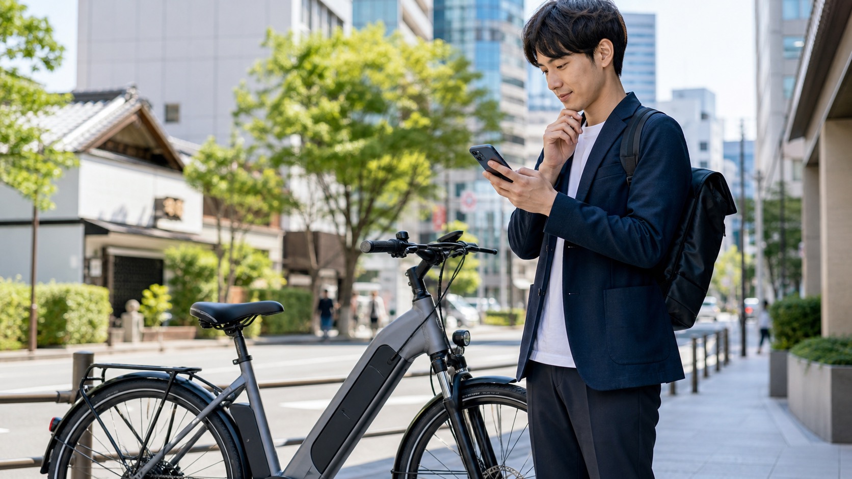 e-bikeサブスクの比較を検討する利用者と電動自転車