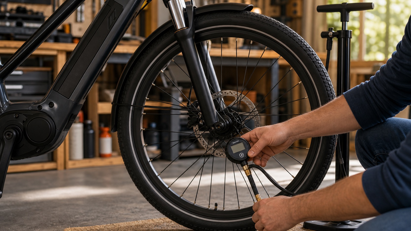 e-bikeタイヤの空気圧を確認する様子