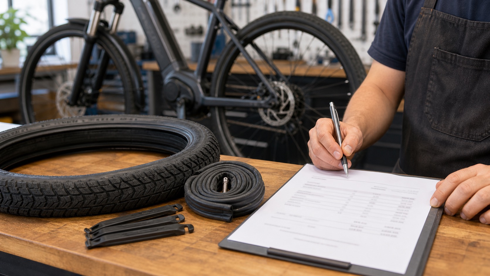 e-bikeのタイヤや工具を並べた費用イメージ
