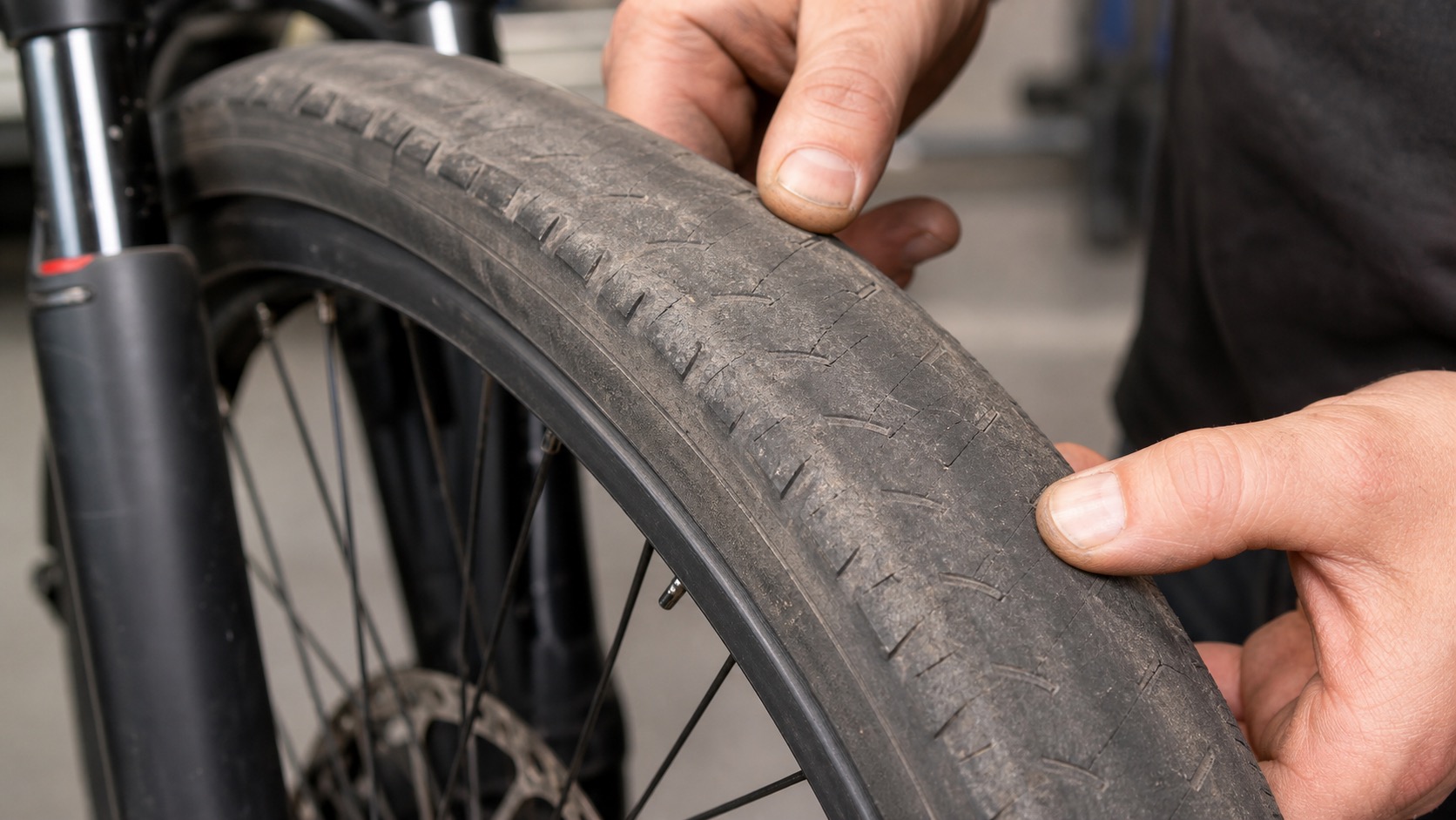 摩耗やひび割れを点検するe-bikeタイヤ