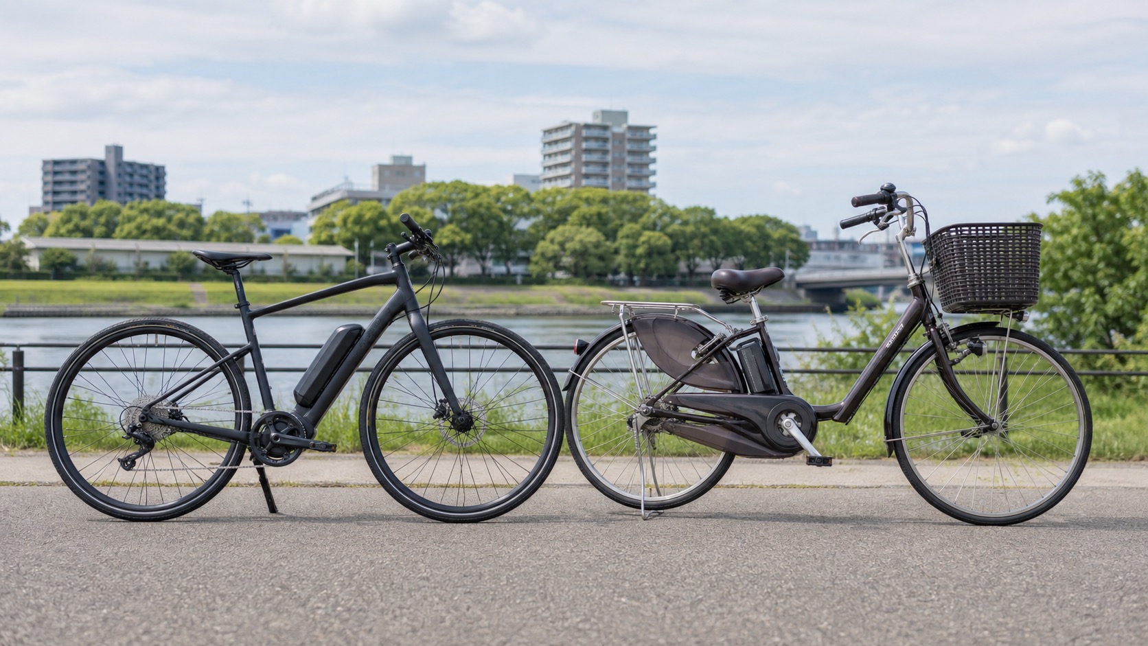 e-bikeと一般的な電動自転車を並べた比較イメージ