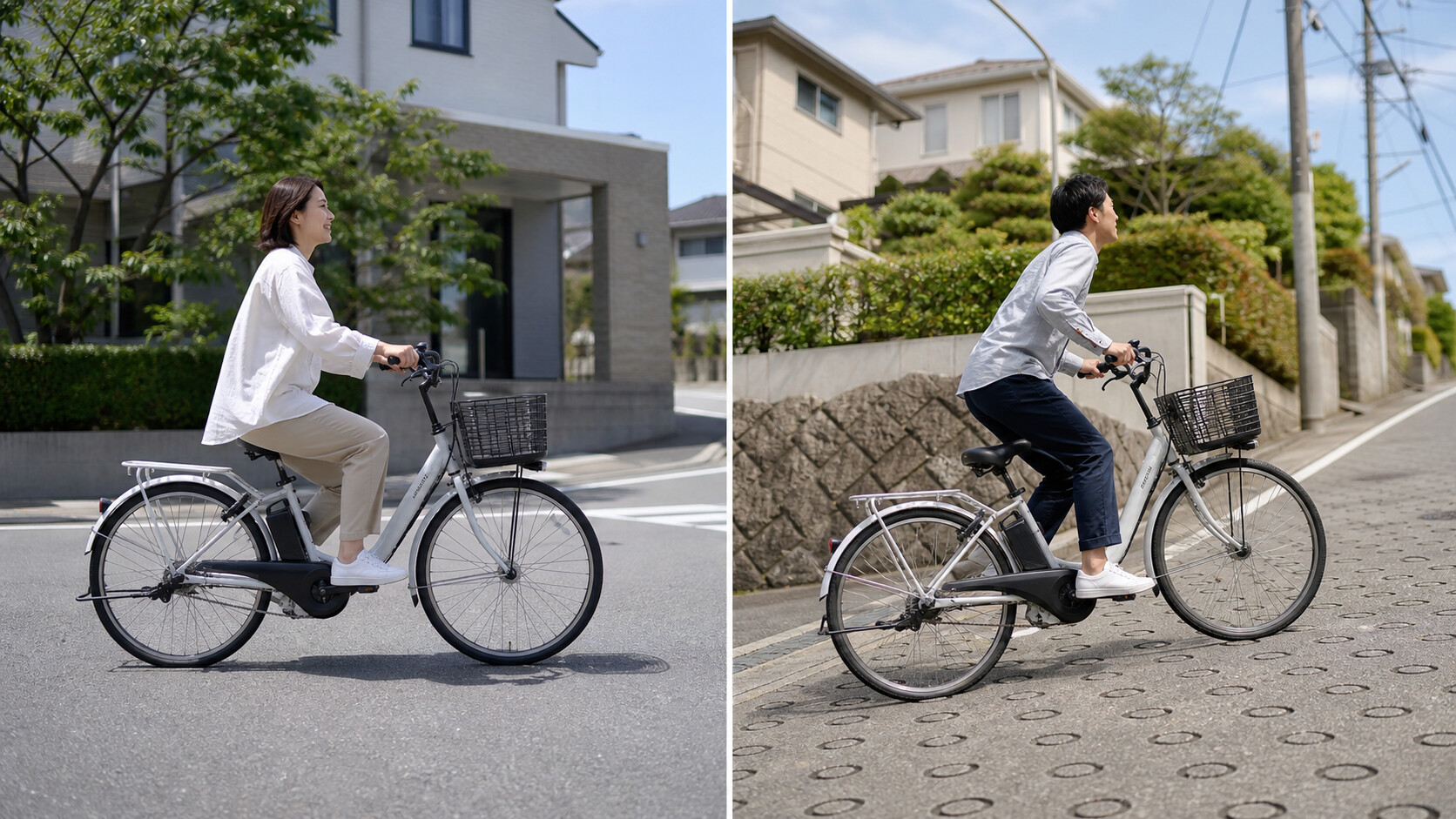 電動アシスト自転車の自然なアシスト感と力強い坂道発進を比較したイメージ